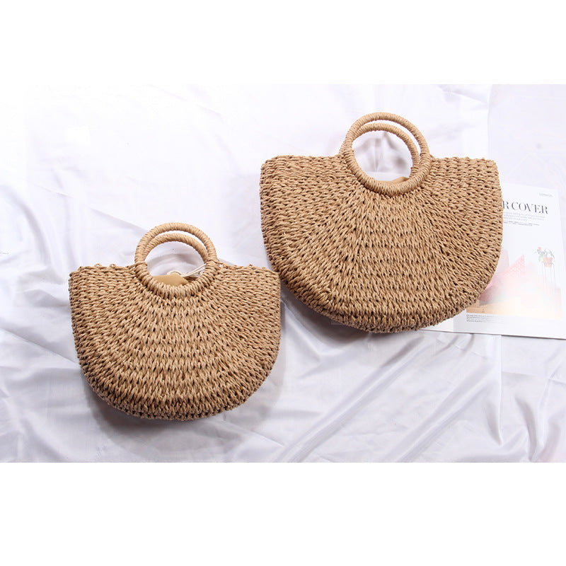 Semicircle Straw Bag Vacation Beach Bag Summer South Korea Simple Handheld Woven Bag Rattan Women Bag - GLAMWEARS