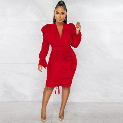 Casual Solid Color Long Sleeve Pleated V-neck Dress for Women