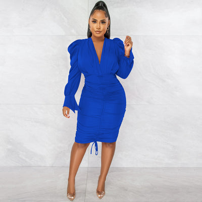 Casual Solid Color Long Sleeve Pleated V-neck Dress for Women