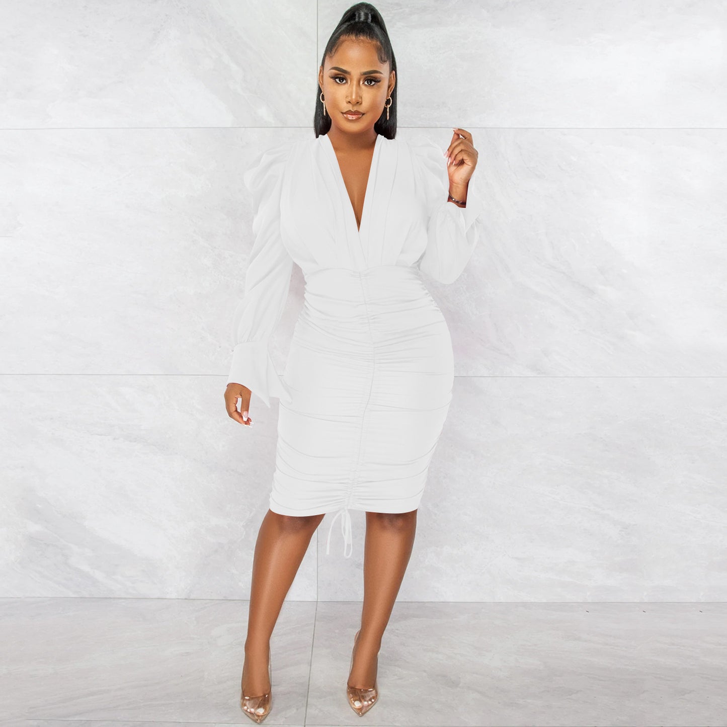 Casual Solid Color Long Sleeve Pleated V-neck Dress for Women