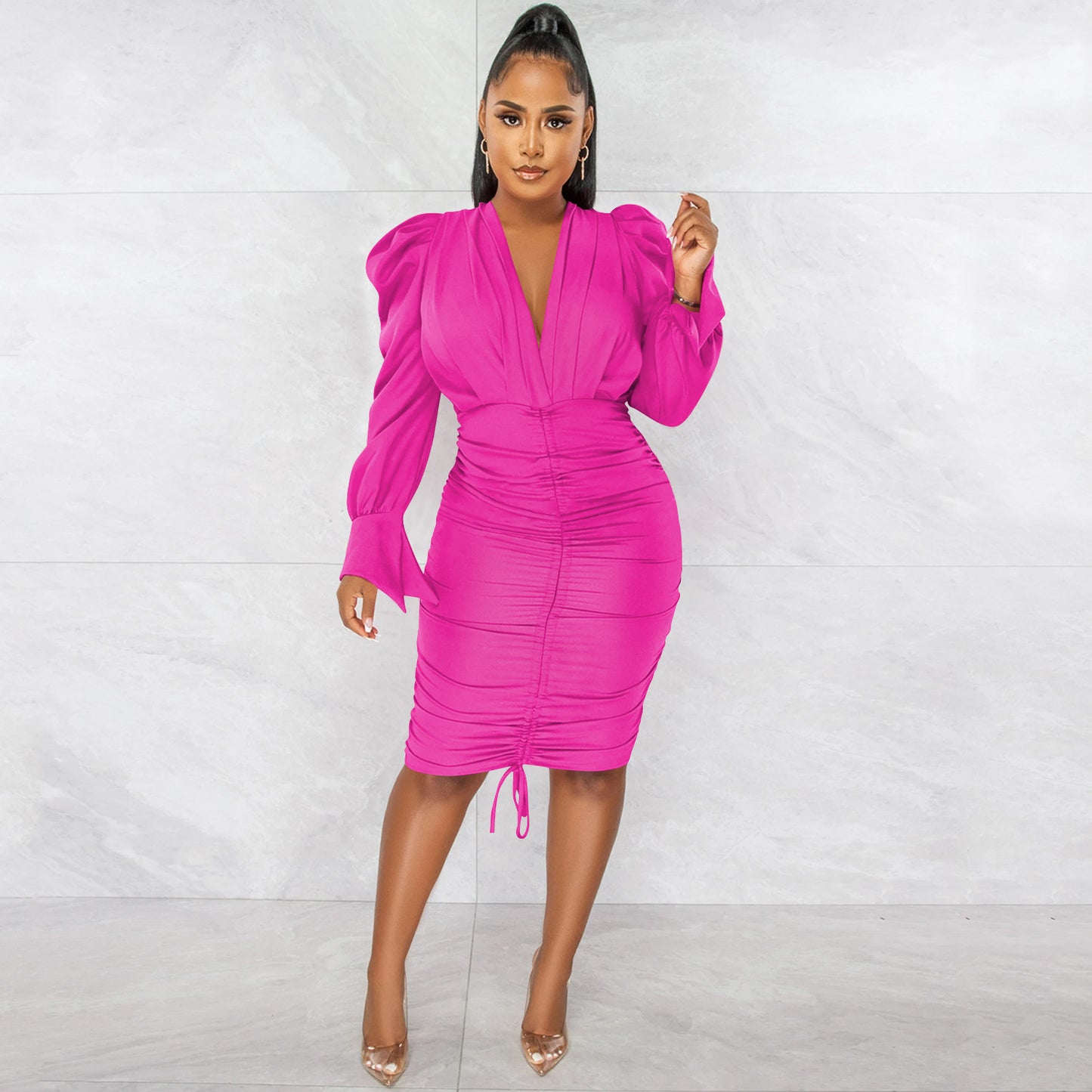 Casual Solid Color Long Sleeve Pleated V-neck Dress for Women