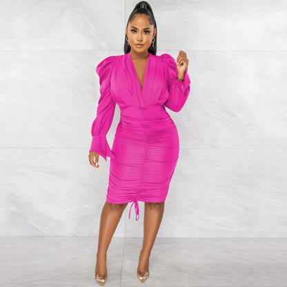 Casual Solid Color Long Sleeve Pleated V-neck Dress for Women