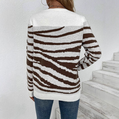 Autumn Winter Women Sweater Contrast Color Zebra Pattern round Neck Shoulder Button Long Sleeve Sweater Top