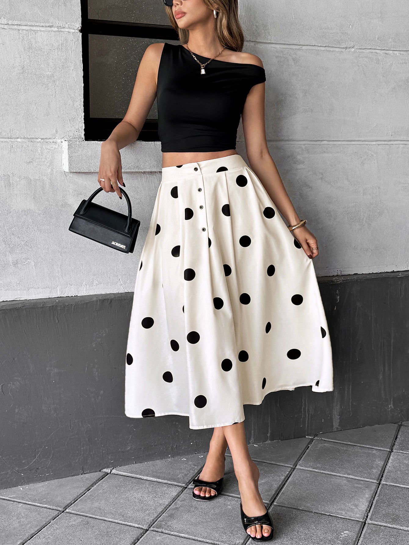 Summer Mid Length Umbrella Skirt Polka Dot Skirt Elastic Elegant Retro A line Skirt
