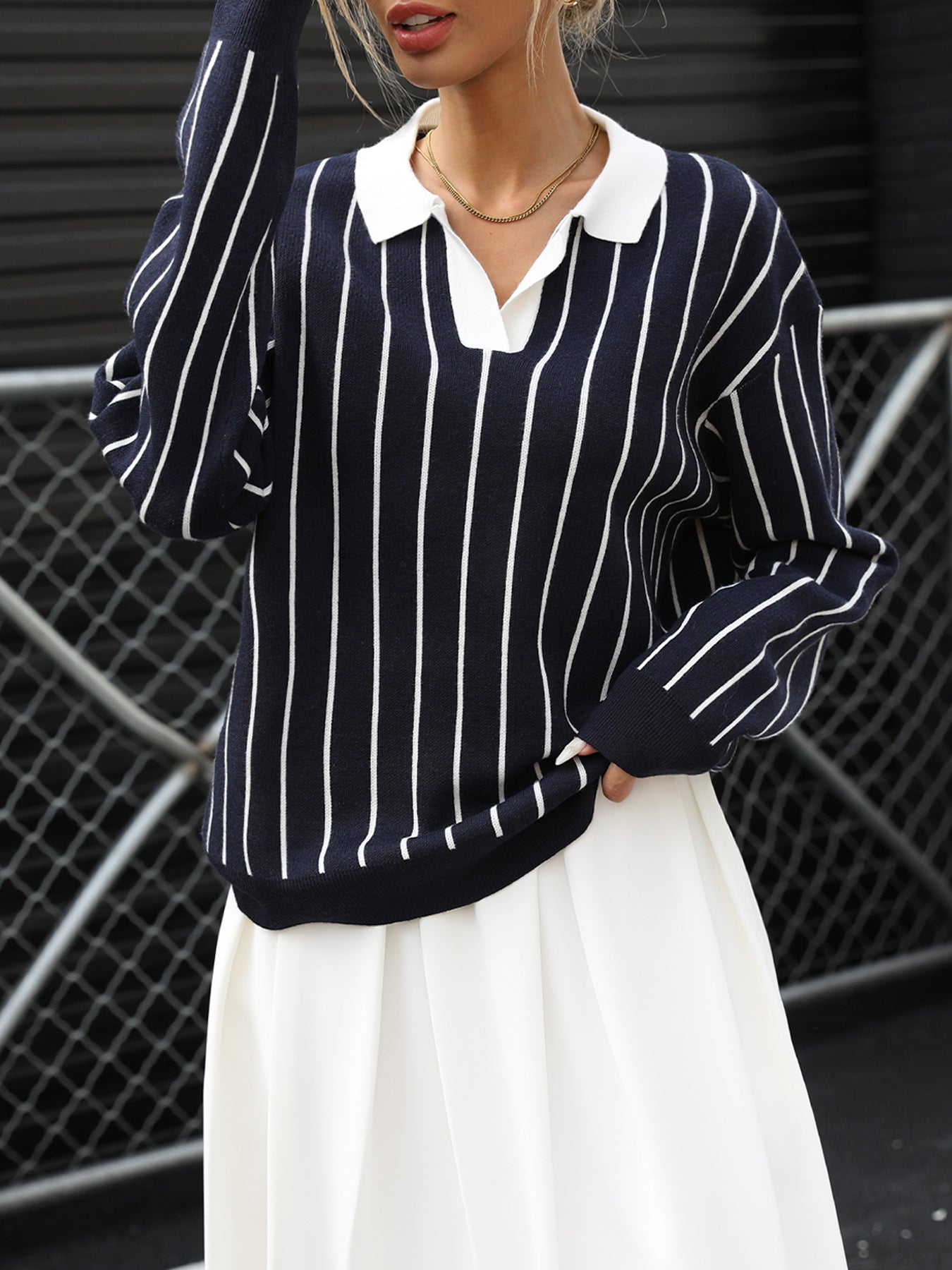 Autumn College Casual Street Trendy Polo Collar Stripes Women Sweater