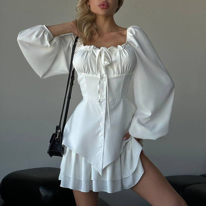 French Square Collar Graceful Puff Sleeve Fitted Waist Pleated Short Dress Women Faux Two Piece A line Dress