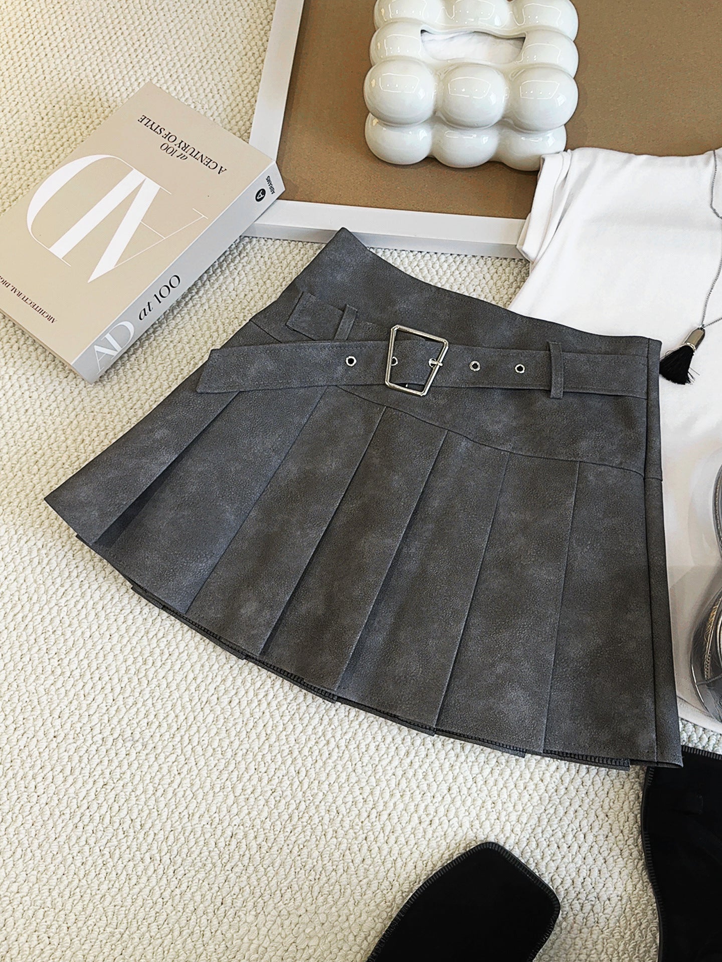 Maillard Tie Dyed Skirt Women Faux Leather Skirt Autumn Winter High Waist Slimming A line Skirt Brown Pleated Skirt