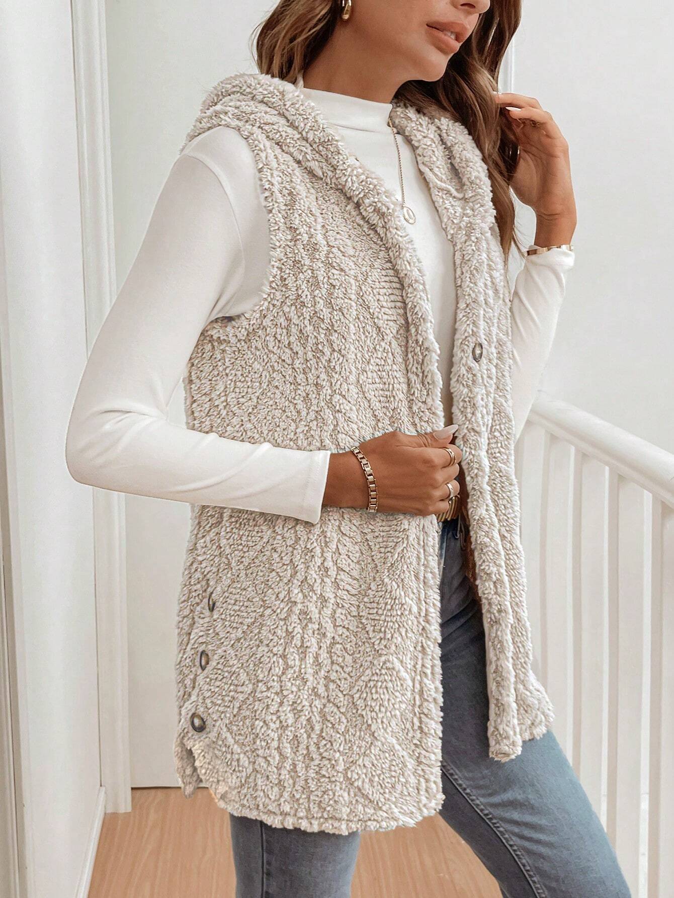 Autumn Winter Women Double Sided Plush Casual Hooded Cardigan Vest