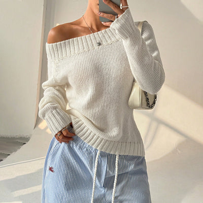 Solid Color Simple off Neck Pullover Sloping Exposed Shoulder Women's Autumn/Winter Knit Casual Sweater for Women