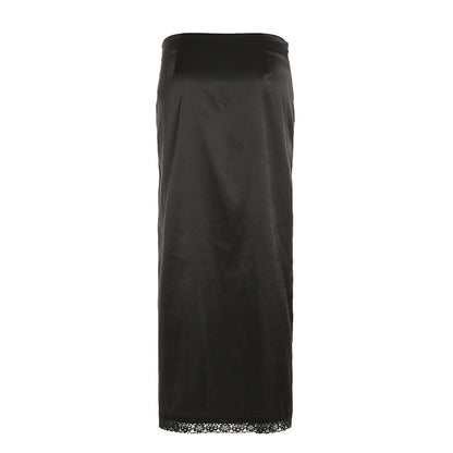 Women Wear Satin Lace Stitching Floral High Slit Skirt Sexy Summer Pleated