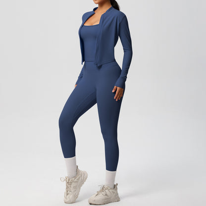 Skinny Yoga Pants High Waist Nude Feel Camisole Sports Zip Long Sleeve Coat Workout Clothes Three Piece Set