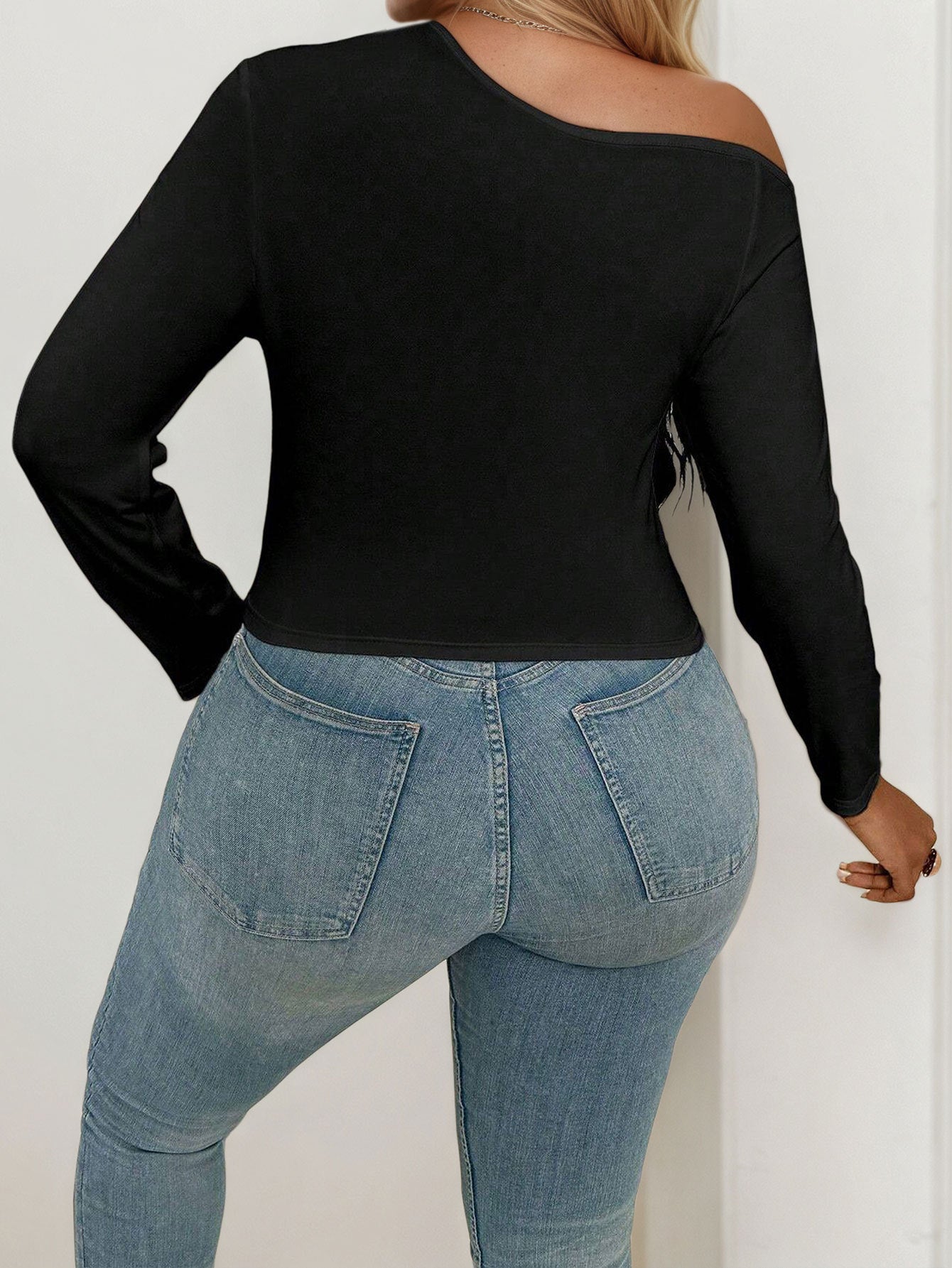 Plus Size Women Clothes Street Sexy Diagonal Collar T shirt Autumn Winter off the Shoulder Design Long Sleeve Top