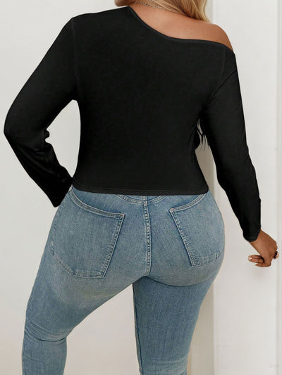Plus Size Women Clothes Street Sexy Diagonal Collar T shirt Autumn Winter off the Shoulder Design Long Sleeve Top