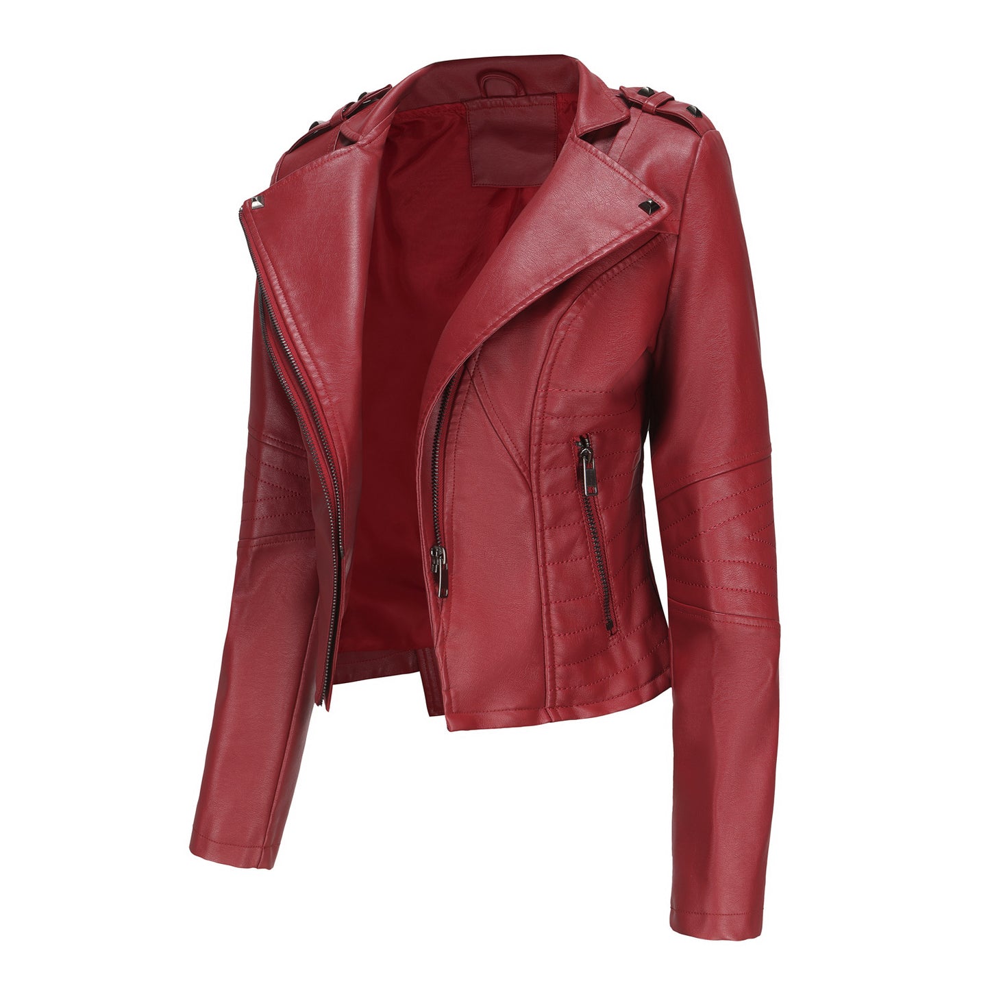 Slim Fit Long Sleeved Spring Autumn Leather Jacket Women Rivet Popular Short Jacket Zipper Leather Jacket