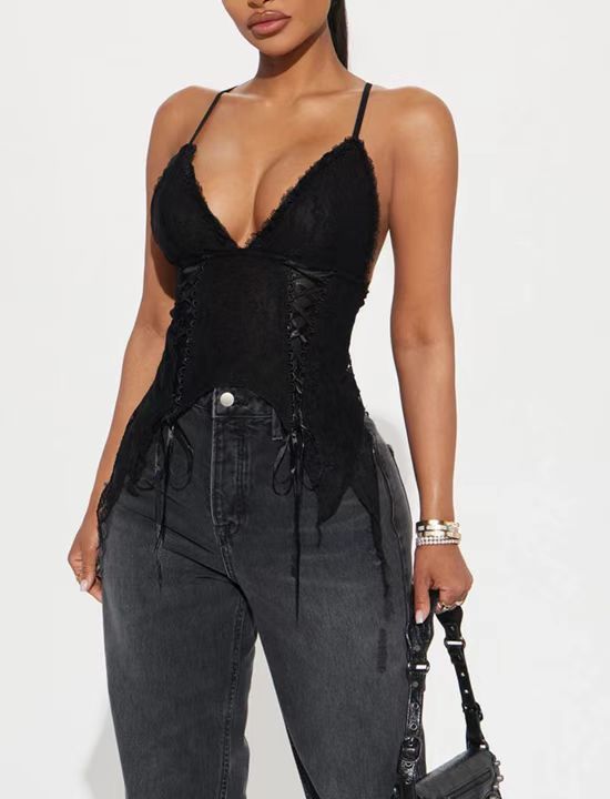 Summer Travel Breathable Sexy Double Layer Lace Special Shaped Strap Deep V Plunge neck Backless Slim Strap Women