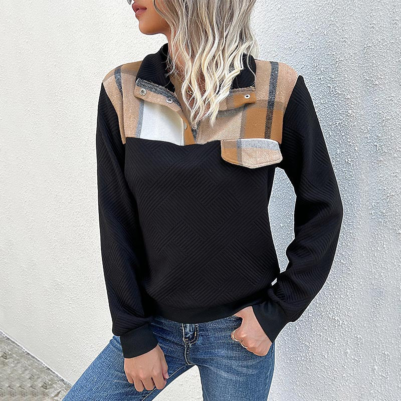 Autumn Winter Women Clothing Plaid Patchwork Sweatshirt Women