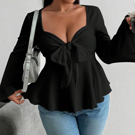 Plus Size Women Sexy Adult Lady like Woman V neck T shirt Autumn Winter Bell Sleeve Waist Controlled Long Sleeves Top
