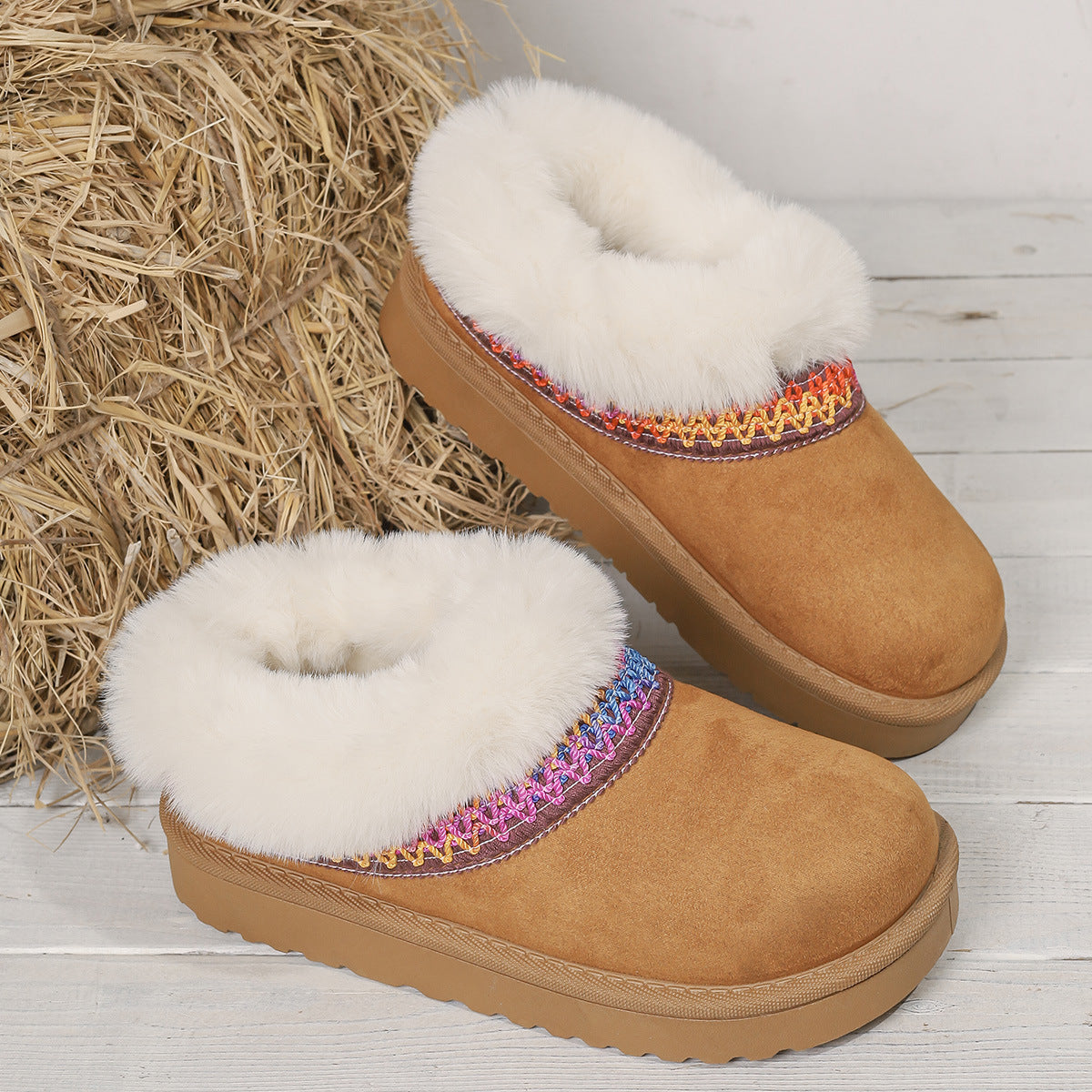 Winter Knitted Belt Wool Mouth Short Snow Boots Women Thick Bottom Thickened Fleece lined Platform Slip on Cotton Shoes