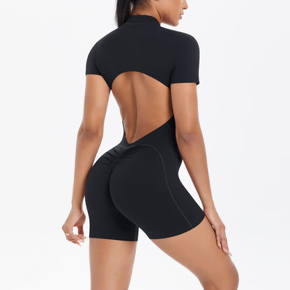 Hollow Out Cutout Beauty Back Short Sleeve Zipper Jumpsuit Peach Hip Sports Fitness Bare Back Jumpsuit Yoga Clothes for Women