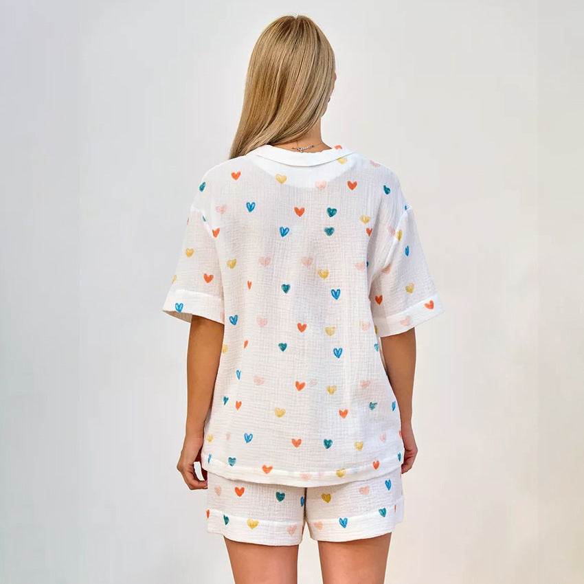 Summer Layer Crepe Heart Printing Pajamas Two Piece Cardigan Half Sleeve Shorts Women Homewear