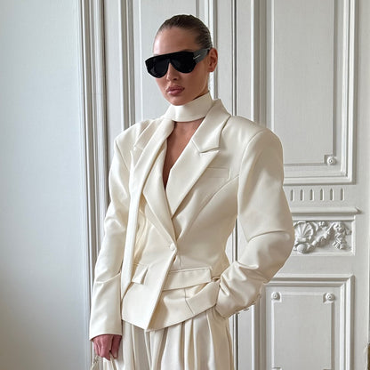 Ribbon Waist Tight Blazer for Women Autumn Winter Office Coat Short Blazer