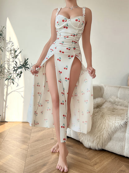 Sexy Underwear Cherry Print Suspender Dress Women Dress Pajamas T Back