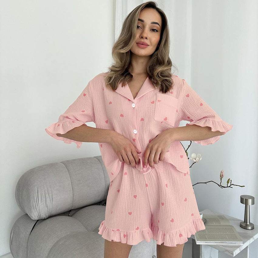 Summer Women Pajamas Crepe Cotton Heart Printing Short Sleeved Shorts Two Piece Home Wear