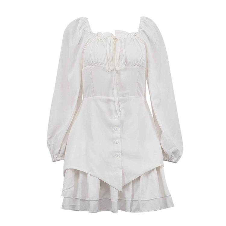 French Square Collar Graceful Puff Sleeve Fitted Waist Pleated Short Dress Women Faux Two Piece A line Dress