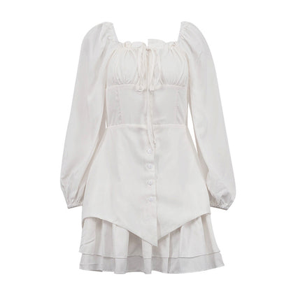 French Square Collar Graceful Puff Sleeve Fitted Waist Pleated Short Dress Women Faux Two Piece A line Dress