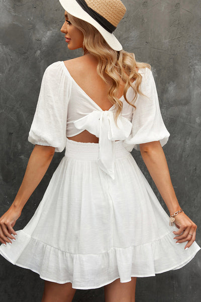 U Collar Pullover Dress Women Solid Color Mid-Sleeve Pleated Knee Length