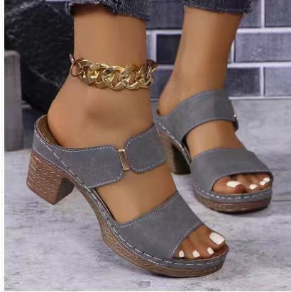 Open Toe High Heel Slippers Women Chunky Heel Embossed Sandals