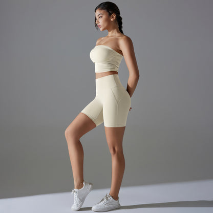 Celebrity One Piece Pleated Tube Top High Waist Hip Lift Zero Sense Wear Free Underwear Sports Shorts Fitness Yoga Set Women