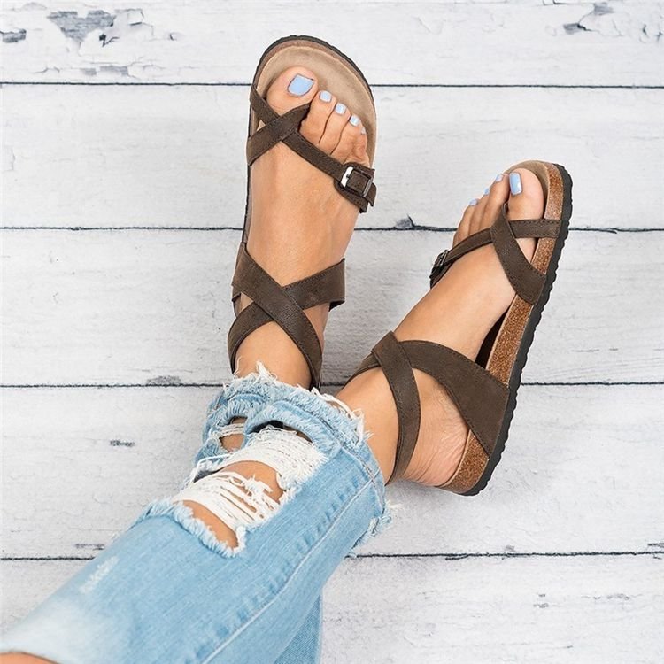 Summer plus Size Sandals Cork Sole Roman Toe Covering Belt Buckle Strip Winding Sandals Women - GLAMWEARS