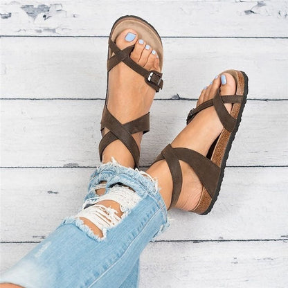 Summer plus Size Sandals Cork Sole Roman Toe Covering Belt Buckle Strip Winding Sandals Women