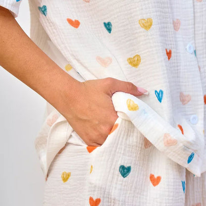 Summer Layer Crepe Heart Printing Pajamas Two Piece Cardigan Half Sleeve Shorts Women Homewear