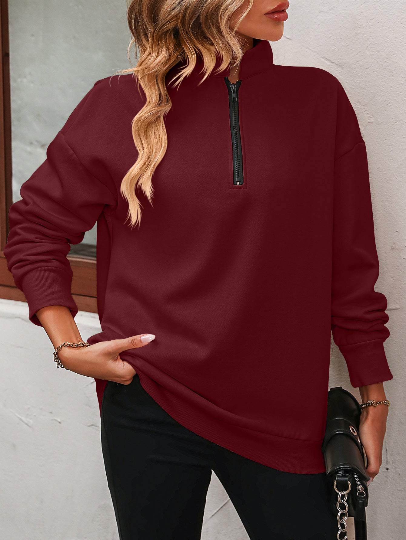 Autumn Winter Women Half Long Sleeve Zipper Sweatshirt Pullover Fleece Sweatshirt