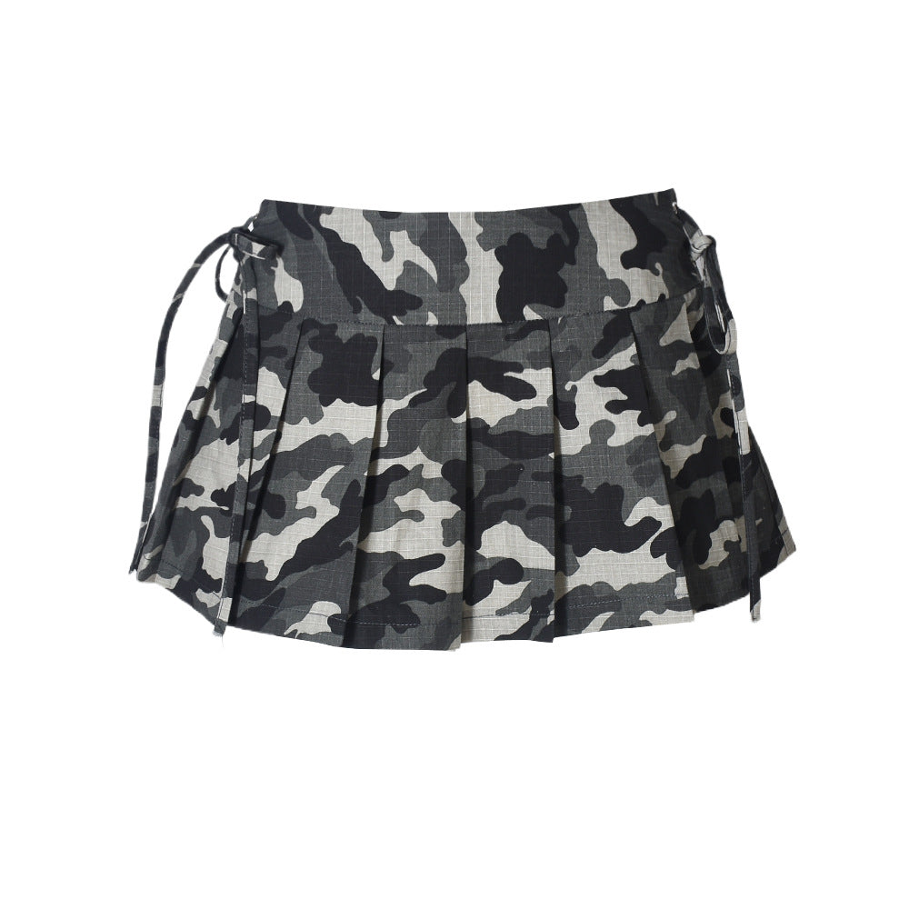Sexy Camouflage Trendy Pleated Skirt Women Clothing Lace up Zipper Low Waist Skirt Women