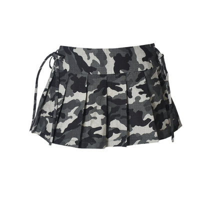 Sexy Camouflage Trendy Pleated Skirt Women Clothing Lace up Zipper Low Waist Skirt Women