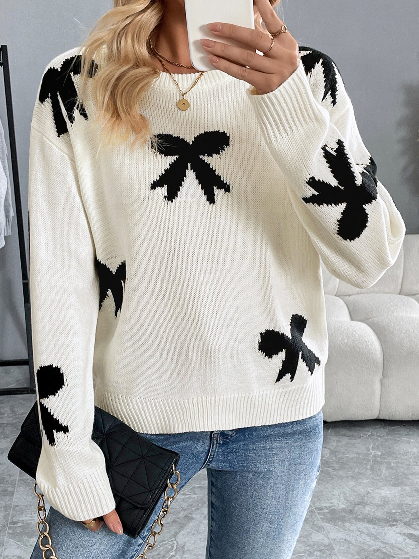 Casual round Neck Bowknot Jacquard Autumn Winter Sweater Women