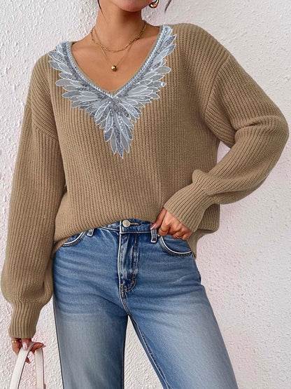 Lace Sequined Bow Tie V neck Patchwork Pullover Women Clothing Loose Lazy Long Sleeve Sweater