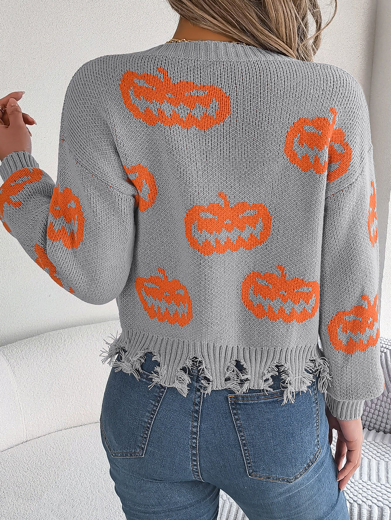 Autumn Winter Halloween Contrast Color Pumpkin Cut Rotten Long Sleeve Pullover Women Clothing