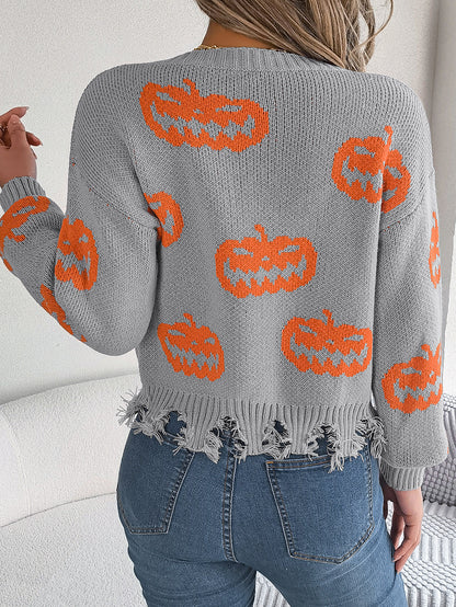 Autumn Winter Halloween Contrast Color Pumpkin Cut Rotten Long Sleeve Pullover Women Clothing
