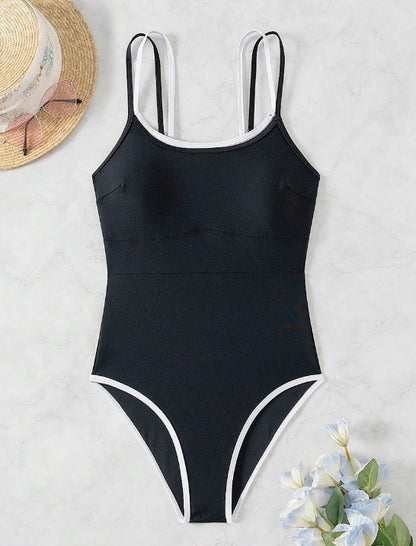 Sexy Women One Piece Swimsuit Solid Color Fabric Summer Beach Swimwear