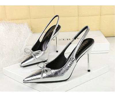 Cocktail Closed Toe Back Empty Low Cut Pointed Toe Stilettos Pumps Women Bow Back Strap High Heel Women Shoes
