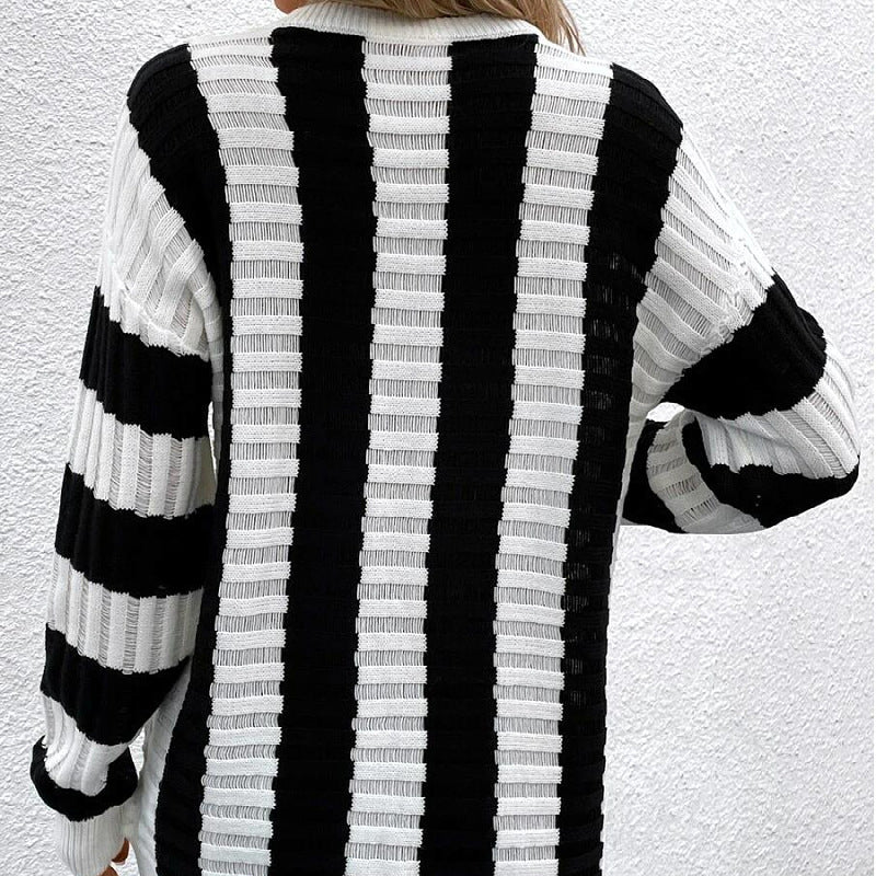 Spring Loose Sweater Women Striped Hollow Out Cutout out Long Sleeved Sweater