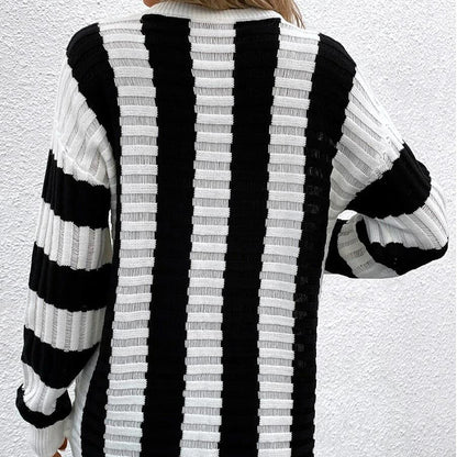 Spring Loose Sweater Women Striped Hollow Out Cutout out Long Sleeved Sweater