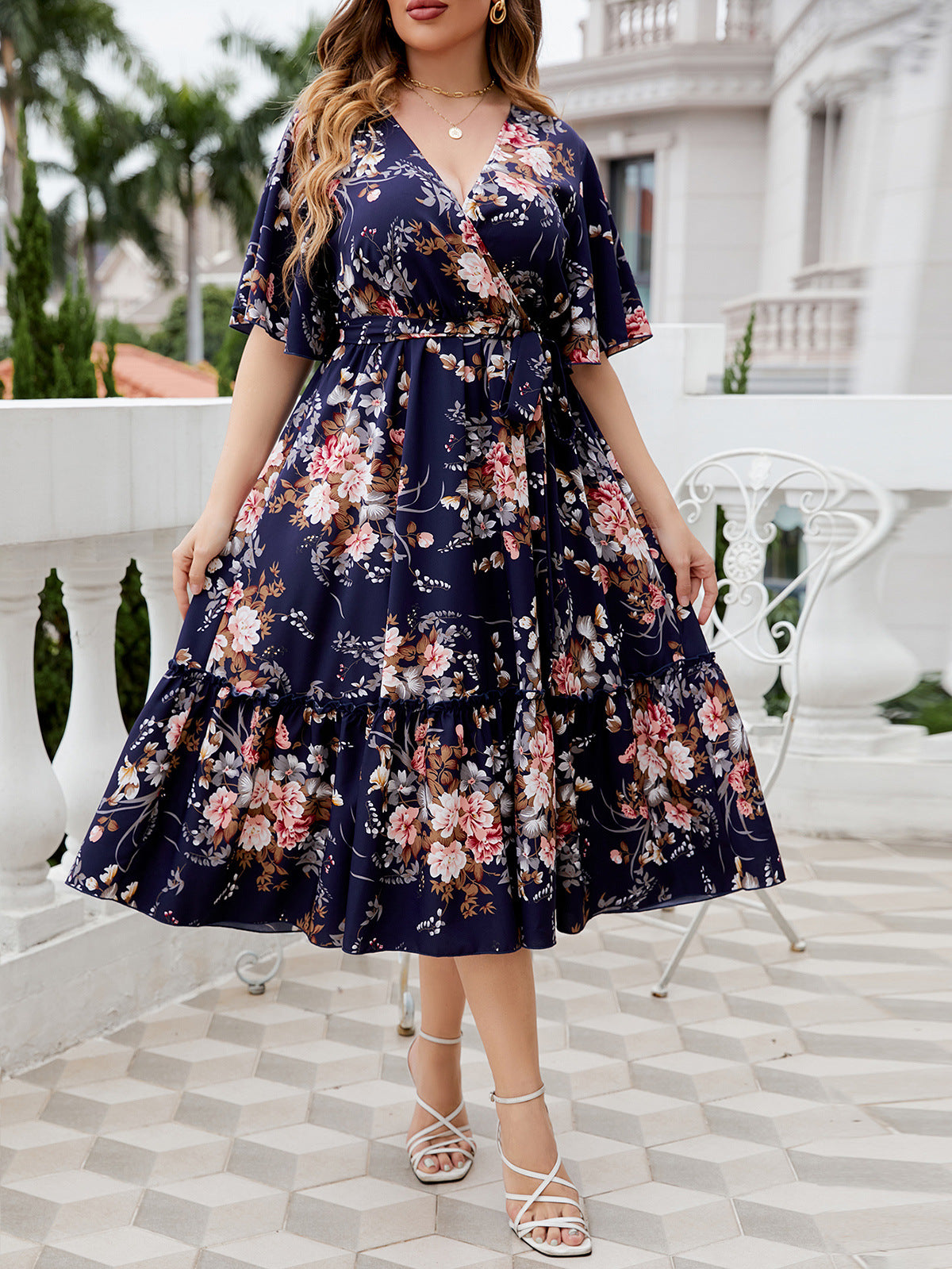 Plus Size Summer V neck Dark Blue Printed Dress