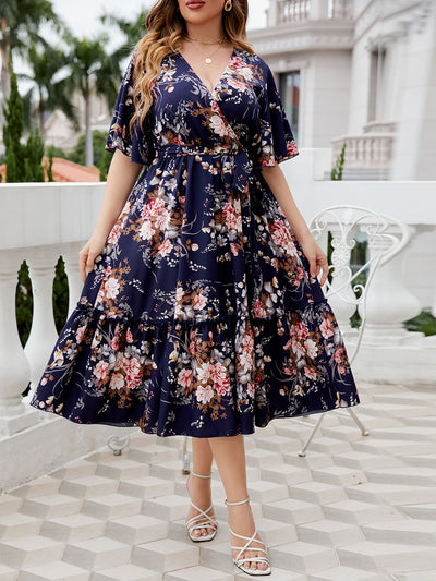Plus Size Summer V neck Dark Blue Printed Dress