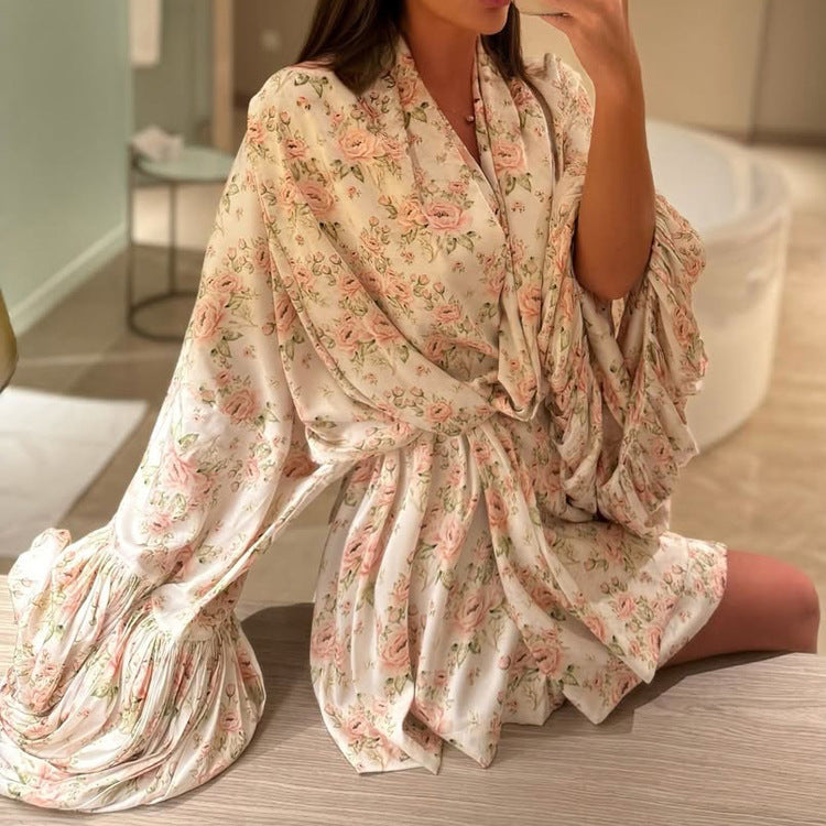 Women Clothing Digital Printing Loose Casual Dress Puff Sleeve Lace up High Grade Satin A line Dress