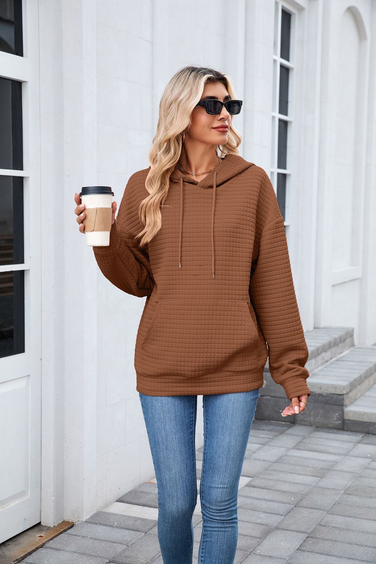 Autumn Winter Solid Color Hooded Pocket Loose Long Sleeve Sweatershirt Coat for Women
